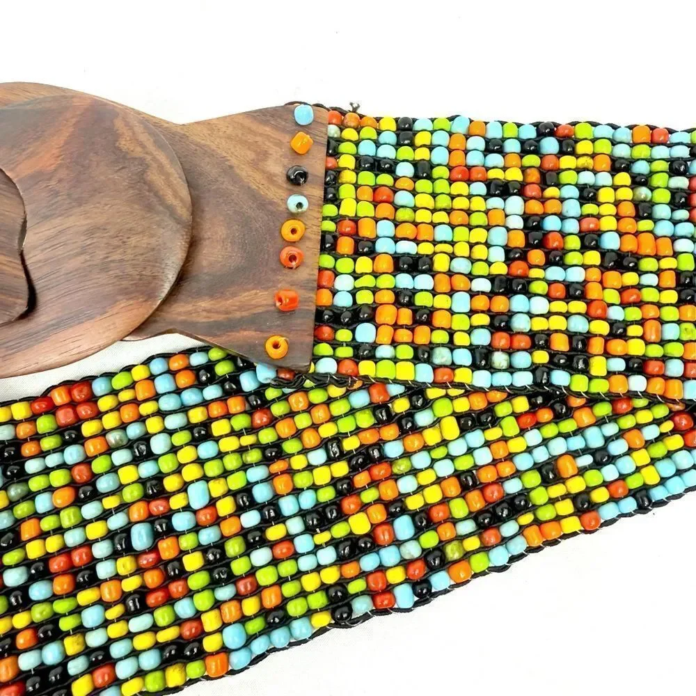Colorful Seed Bead Wood Clasp Buckle Boho Festival Ethnic Tribal Stretch Belt